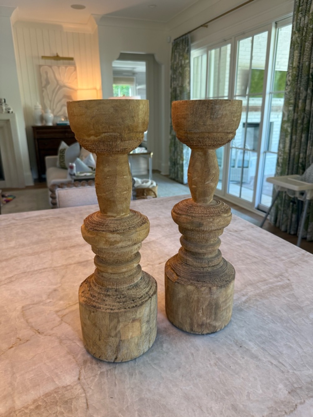 Pottery Barn Rustic Turned Wood Candle Holders - Natural Brown